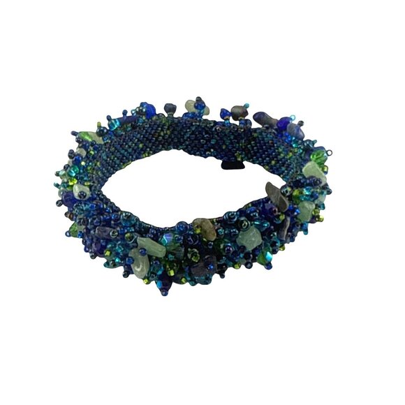 Handmade Blue Green Beaded Bracelet with Glass Crystals and Gemstone Chips - Picture 6 of 7